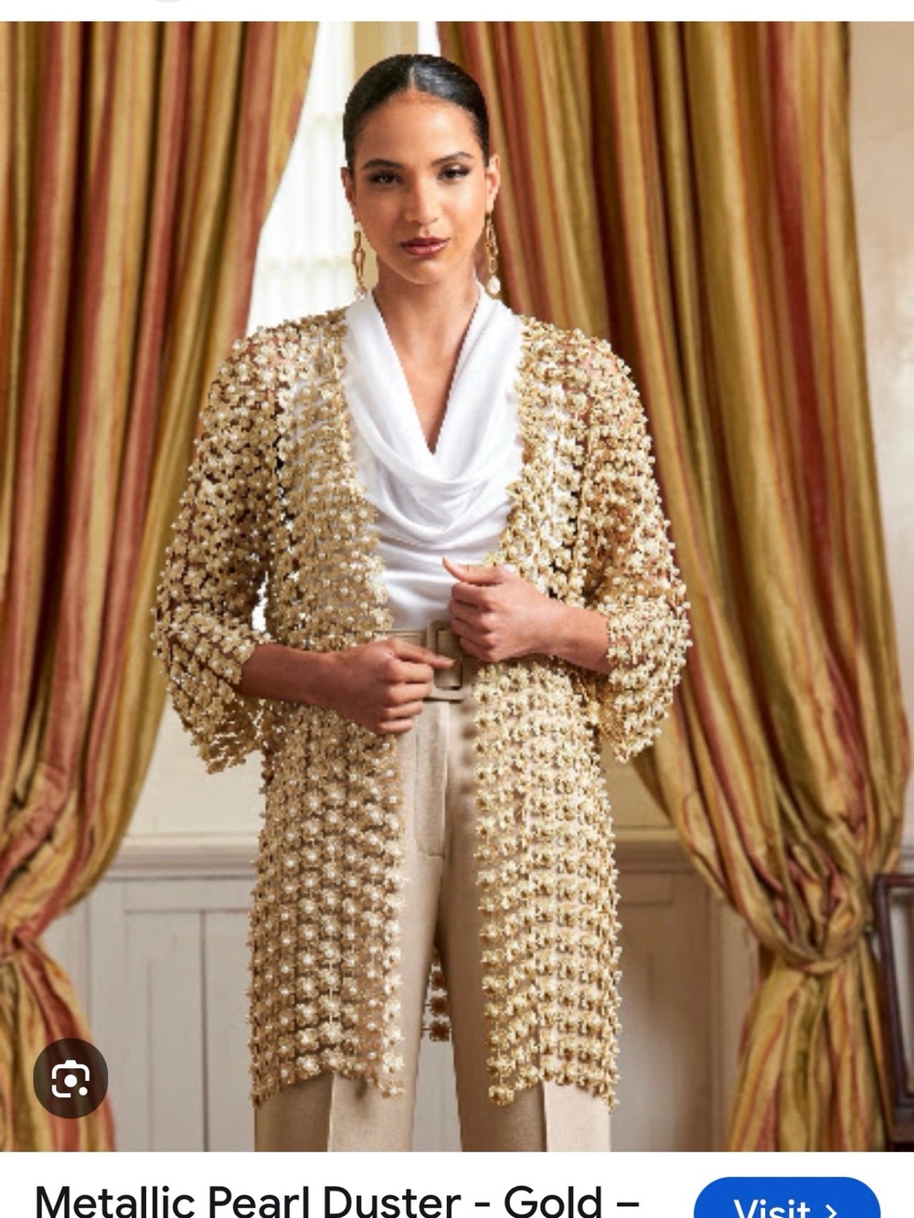 Boston Proper Gold Pearl-Embellished Duster Jacket